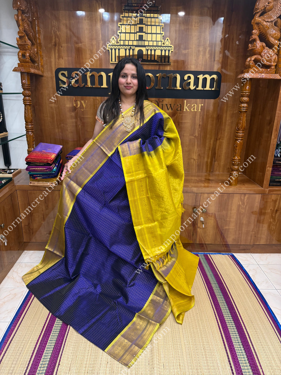 Indigo Blue with Lemon Yellow , Zari Lakshadeepam Silk Cotton Saree