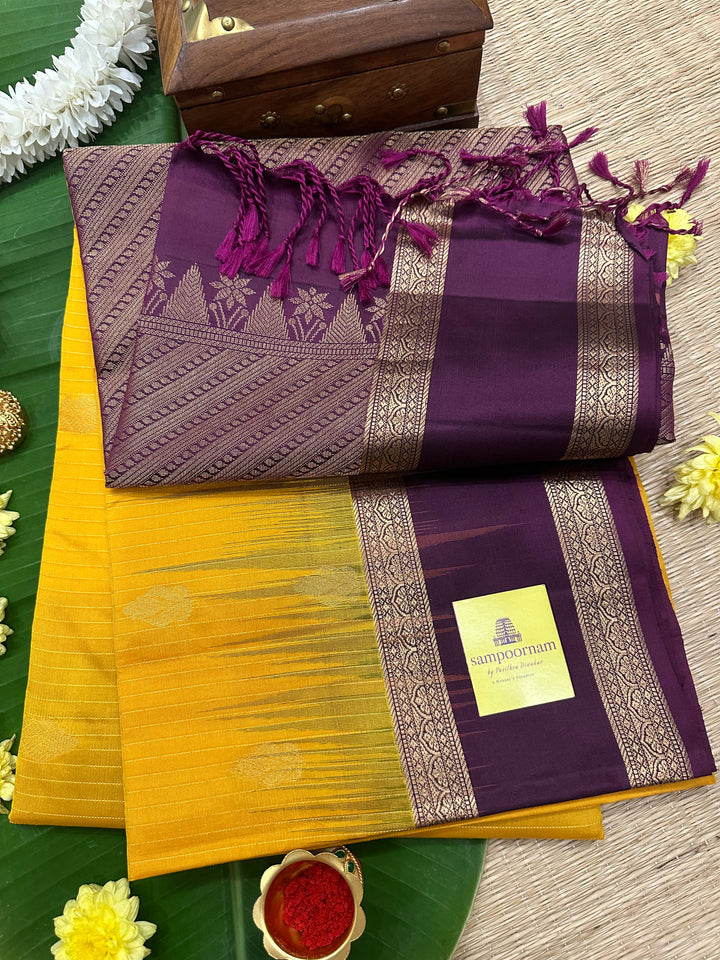 Mambazha Manjal with Purple Rettapet Border and Zari Lines and Butta in the Body Rich Pallu Pure Soft Silk Saree