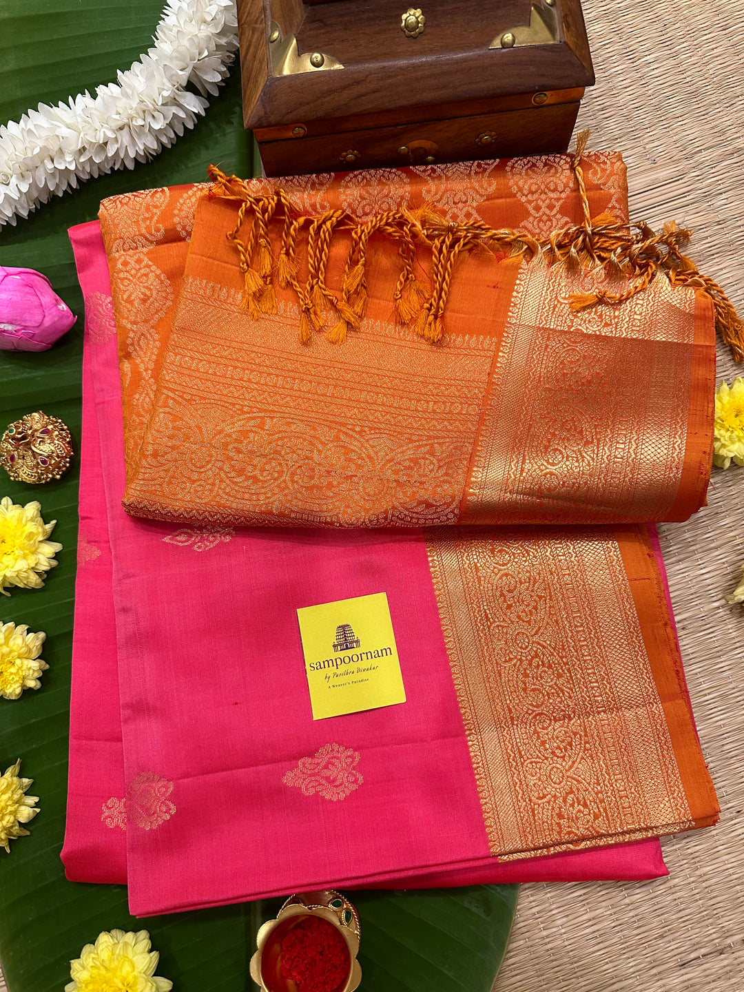 Dark Pink with Orange , Rich Zari Border and Grand Pallu with Rich Butta Pure Soft Silk Saree