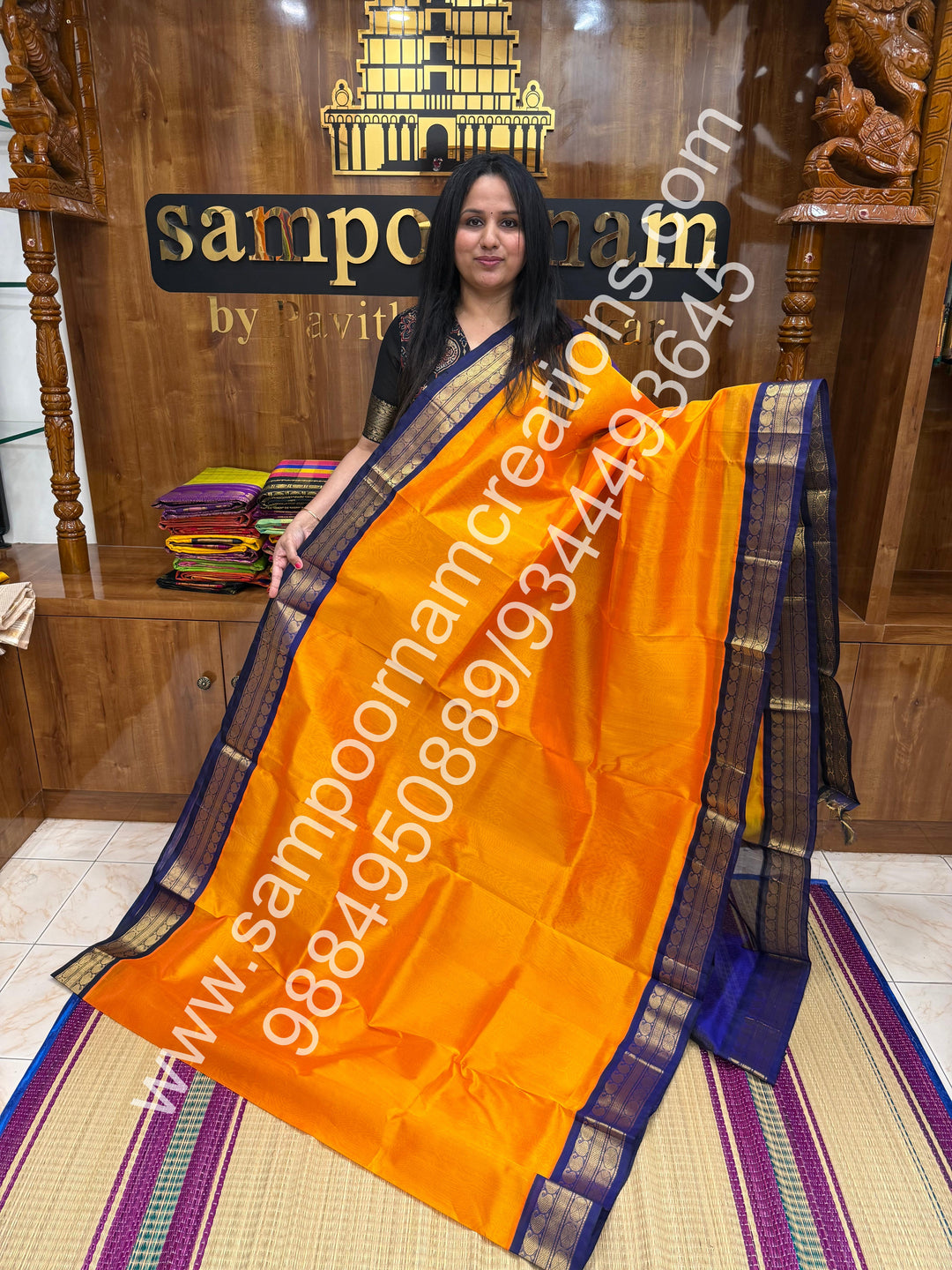 Mambazha Manjal with Dark Blue , Vairaoosi Zari Lines in the body , Traditional borders and rich Pallu Korvai Silk Cotton