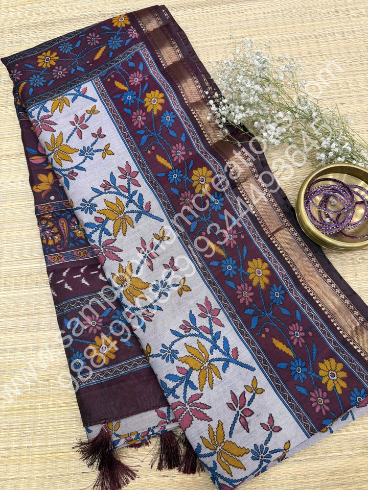 Grey with Arakku  , Floral Prints in the body , Printed Blouse and Tassels in the Pallu , Soft Cotton Saree