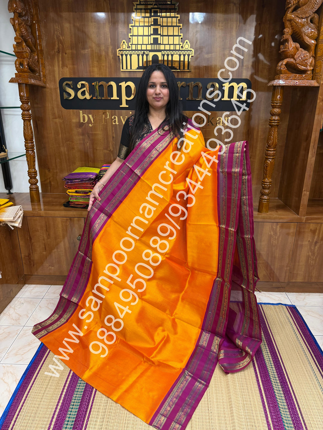 Mambazha Manjal with Magenta  , rich Zari Podi Kattam  in the body , traditional borders and rich Pallu Korvai Silk Cotton