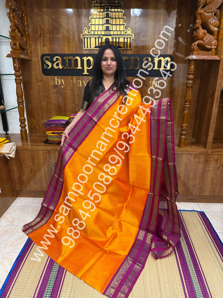 Mambazha Manjal with Magenta  , rich Zari Podi Kattam  in the body , traditional borders and rich Pallu Korvai Silk Cotton