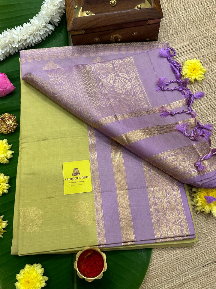 Pastel Elaichi Green with Lavender , Rich Floral Butta and Rettapet Border and Grand Pallu , Pure Soft Silk Saree