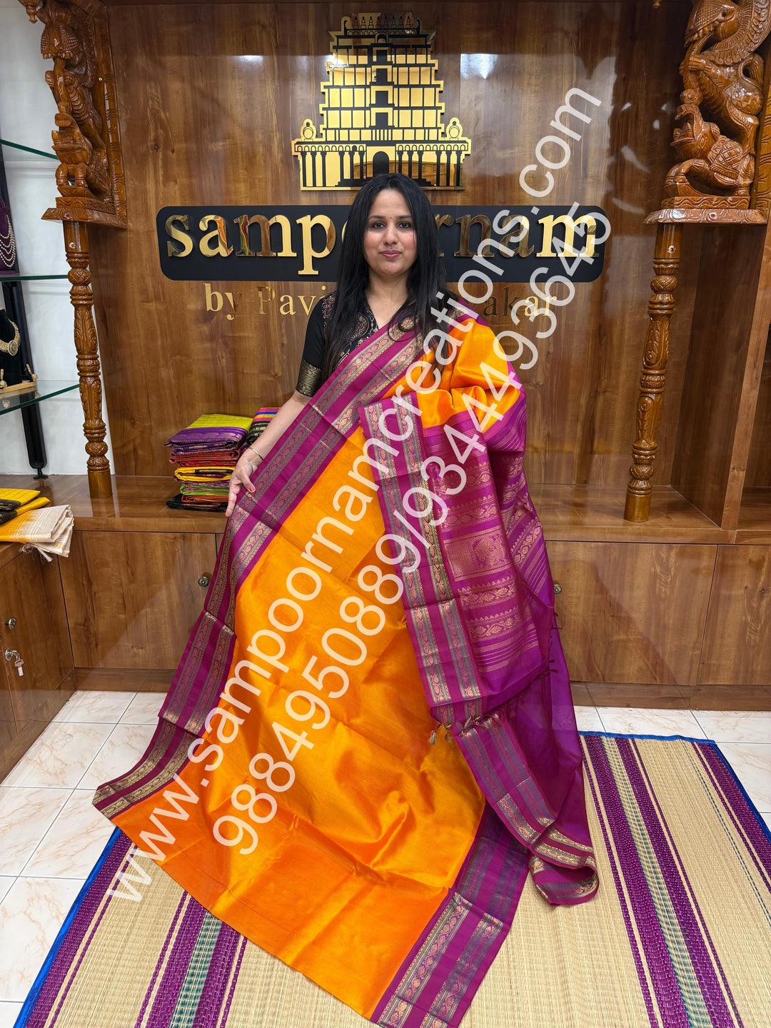 Mambazha Manjal with Magenta  , rich Zari Podi Kattam  in the body , traditional borders and rich Pallu Korvai Silk Cotton