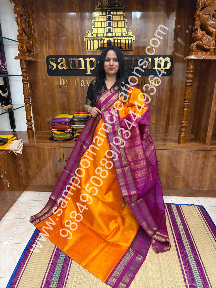 Mambazha Manjal with Magenta  , rich Zari Podi Kattam  in the body , traditional borders and rich Pallu Korvai Silk Cotton