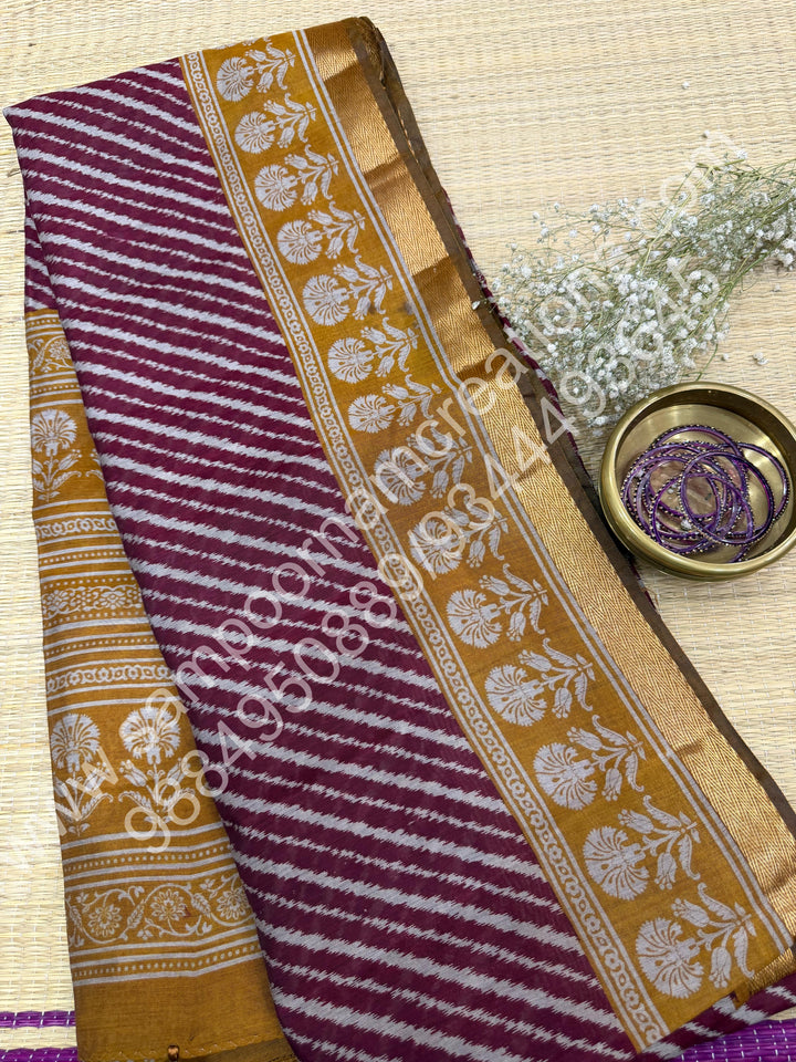 Red with Mustard  , Geometric in the body , Printed Blouse and Tassels in the Pallu , Soft Cotton Saree