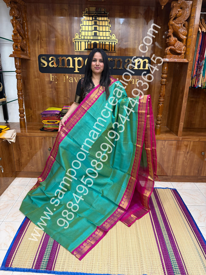 Ramar Green with Magenta  , Traditional borders and rich Pallu Korvai Silk Cotton Saree