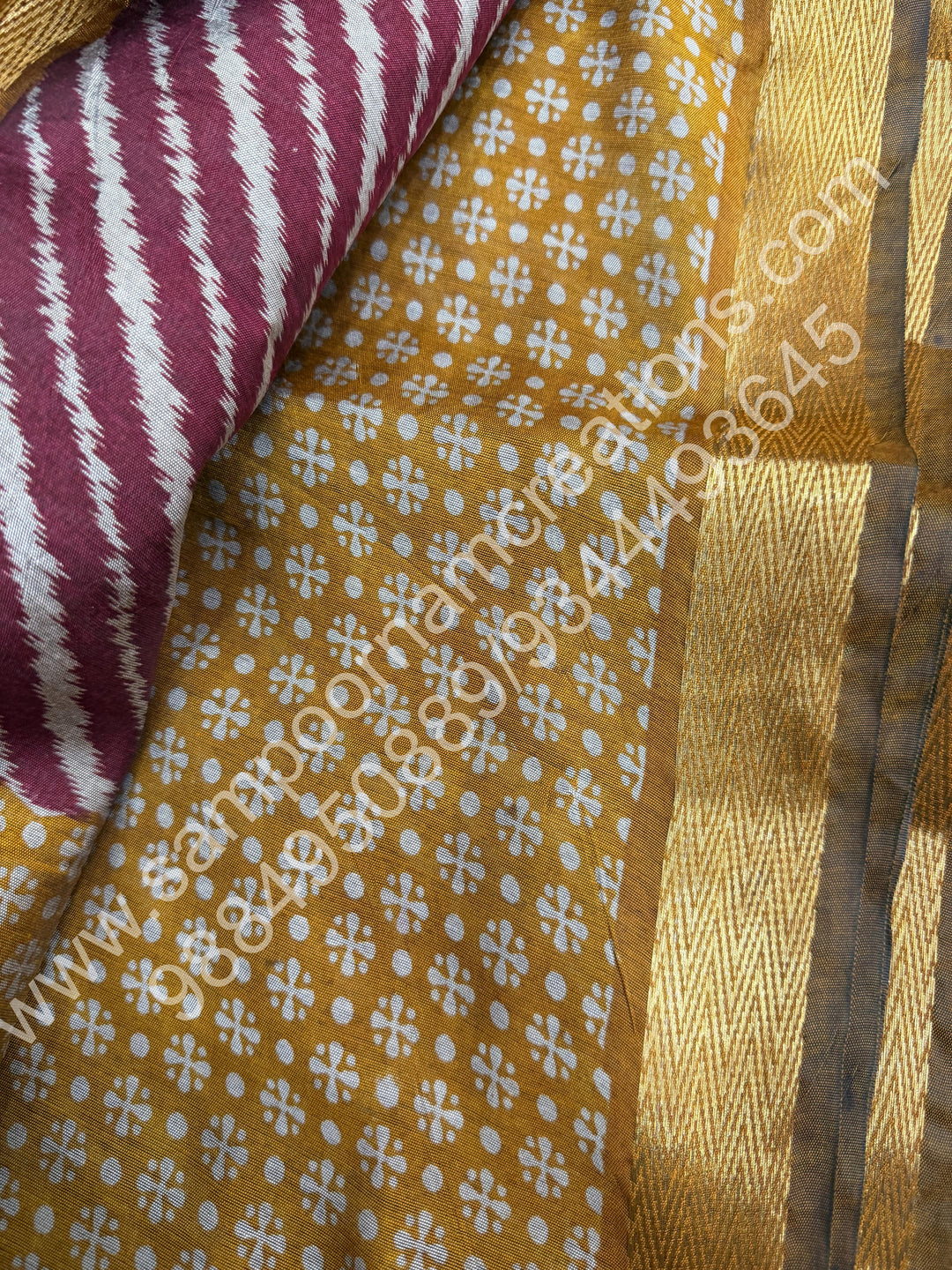 Red with Mustard  , Geometric in the body , Printed Blouse and Tassels in the Pallu , Soft Cotton Saree
