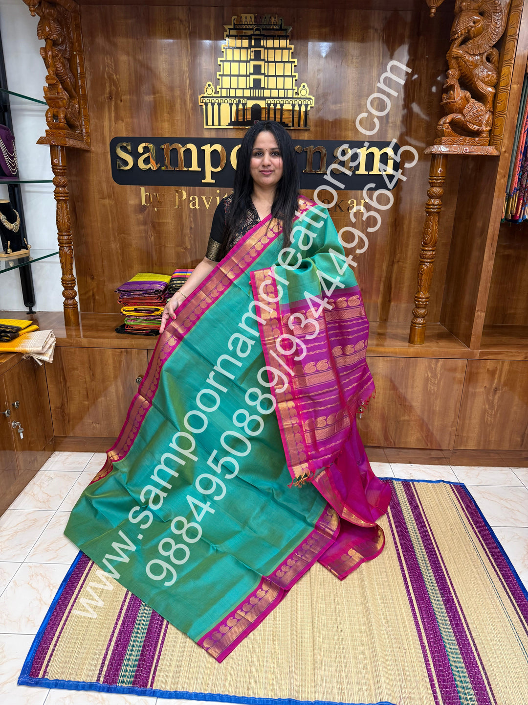 Ramar Green with Magenta  , Traditional borders and rich Pallu Korvai Silk Cotton Saree