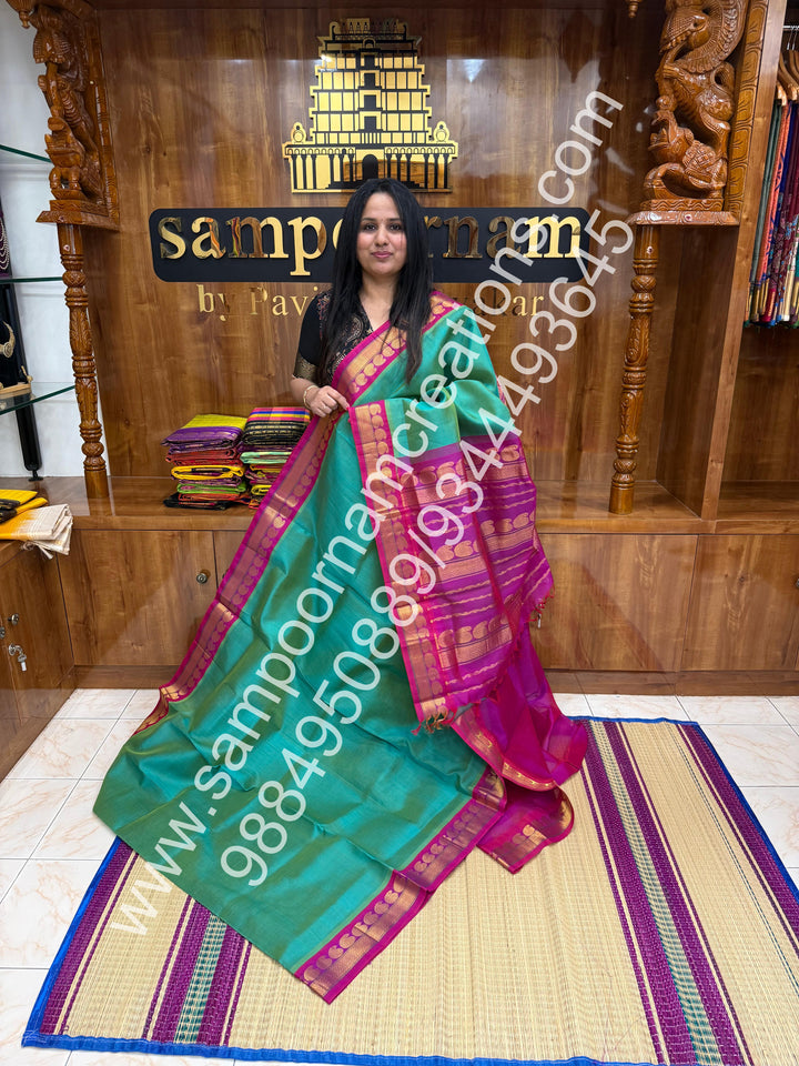 Ramar Green with Magenta  , Traditional borders and rich Pallu Korvai Silk Cotton Saree
