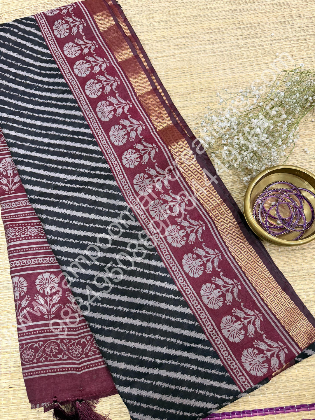 Black with Red  , Geometric in the body , Printed Blouse and Tassels in the Pallu , Soft Cotton Saree