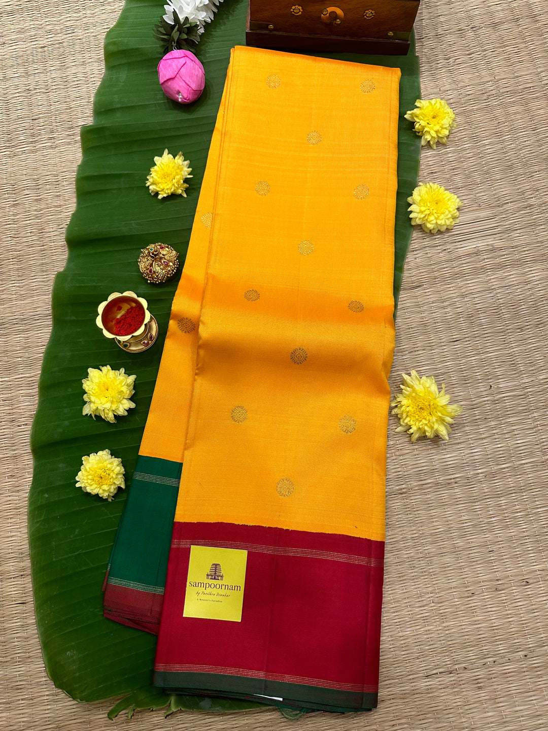 Mambazha Manjal with Ganga Jamuna Red and Green Border , Double Kanchi RIch Pallu Korvai Pure Kanjivaram Silk Saree