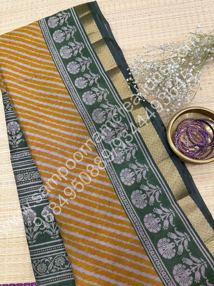 Mustard with Green  , Geometric in the body , Printed Blouse and Tassels in the Pallu , Soft Cotton Saree