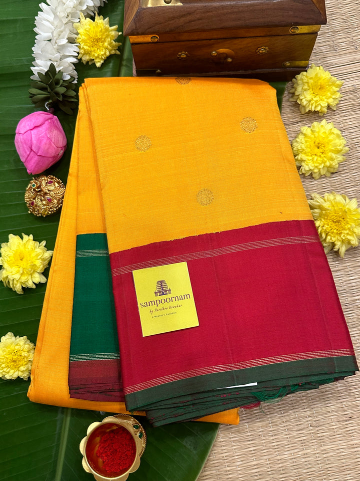 Mambazha Manjal with Ganga Jamuna Red and Green Border , Double Kanchi RIch Pallu Korvai Pure Kanjivaram Silk Saree