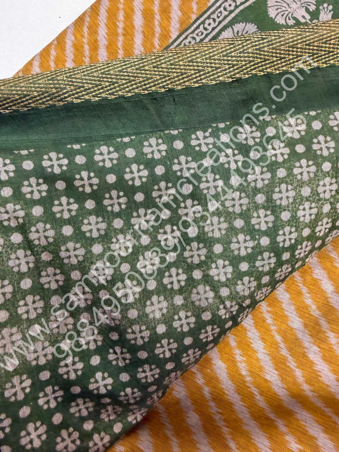 Mustard with Green  , Geometric in the body , Printed Blouse and Tassels in the Pallu , Soft Cotton Saree