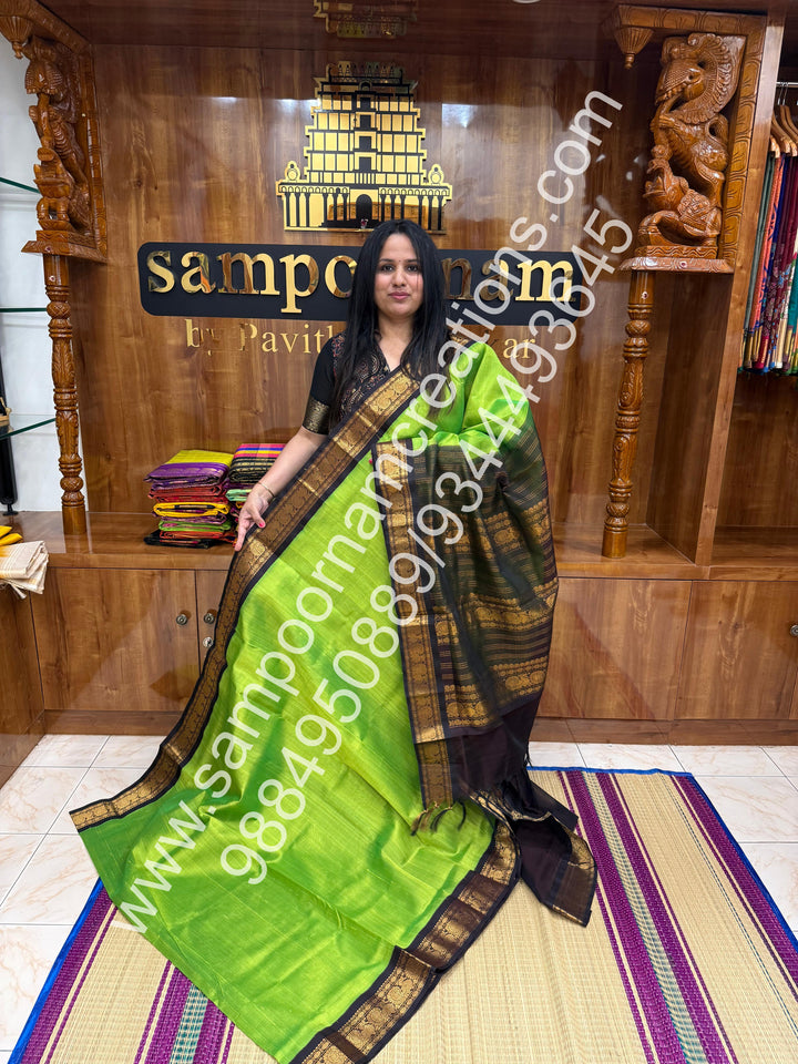 Parrot Green with Dark Brown  , Traditional borders and rich Pallu Korvai Silk Cotton Saree