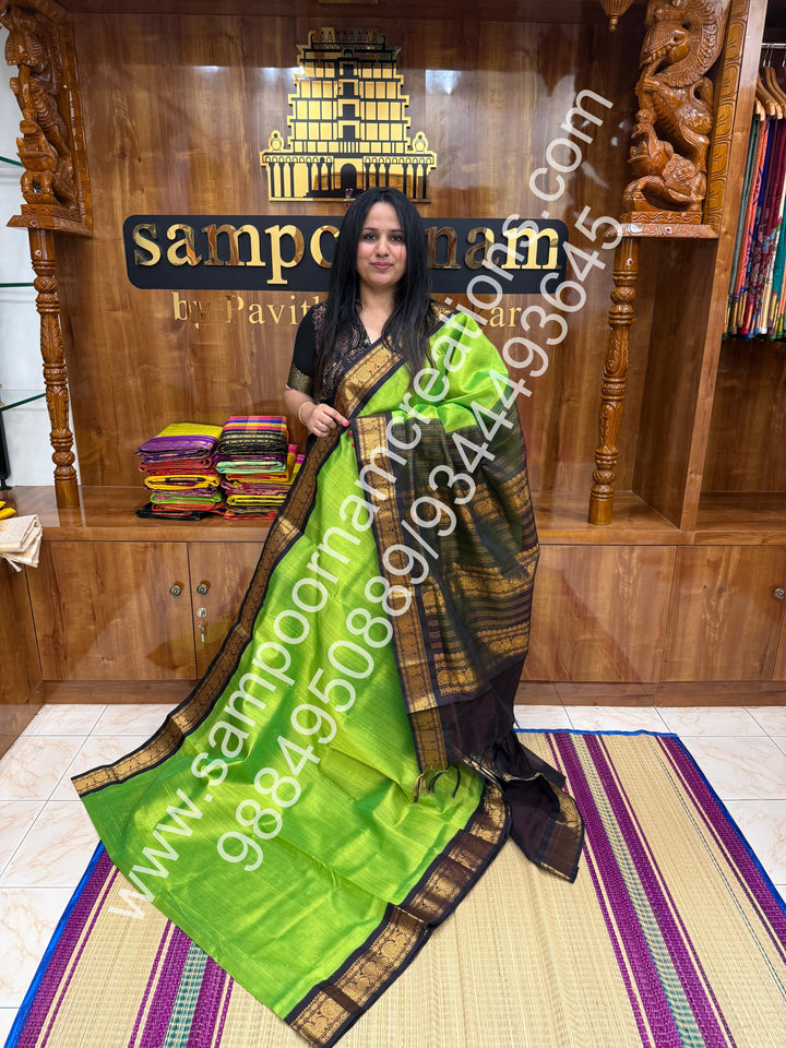 Parrot Green with Dark Brown  , Traditional borders and rich Pallu Korvai Silk Cotton Saree