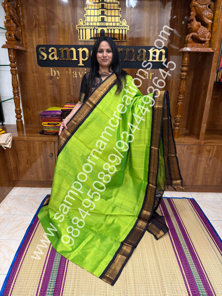 Parrot Green with Brown , Traditional borders and rich Pallu Korvai Silk Cotton Saree