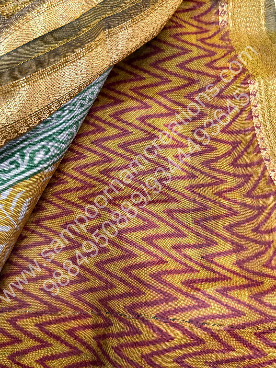 Mustard with Green  , Floral Prints in the body , Printed Blouse and Tassels in the Pallu , Soft Cotton Saree