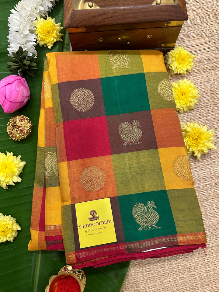 Pallum Pazham Kattam with Mayil and Chakram Butta with a Rich Red Pallu, Pure Zari Pure Silk Kanjivaram Silk Saree