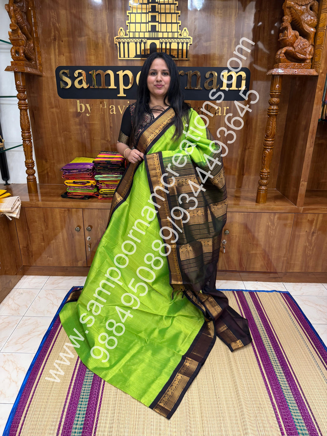 Parrot Green with Brown , Traditional borders and rich Pallu Korvai Silk Cotton Saree