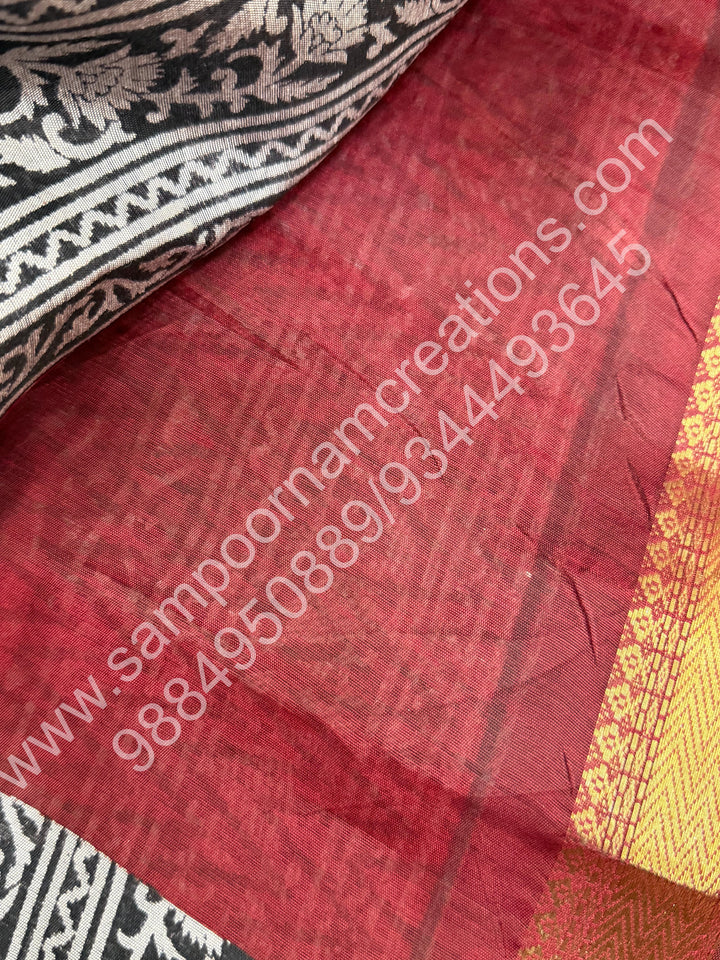 Red with Black  , Floral Prints in the body , Printed Blouse and Tassels in the Pallu , Soft Cotton Saree