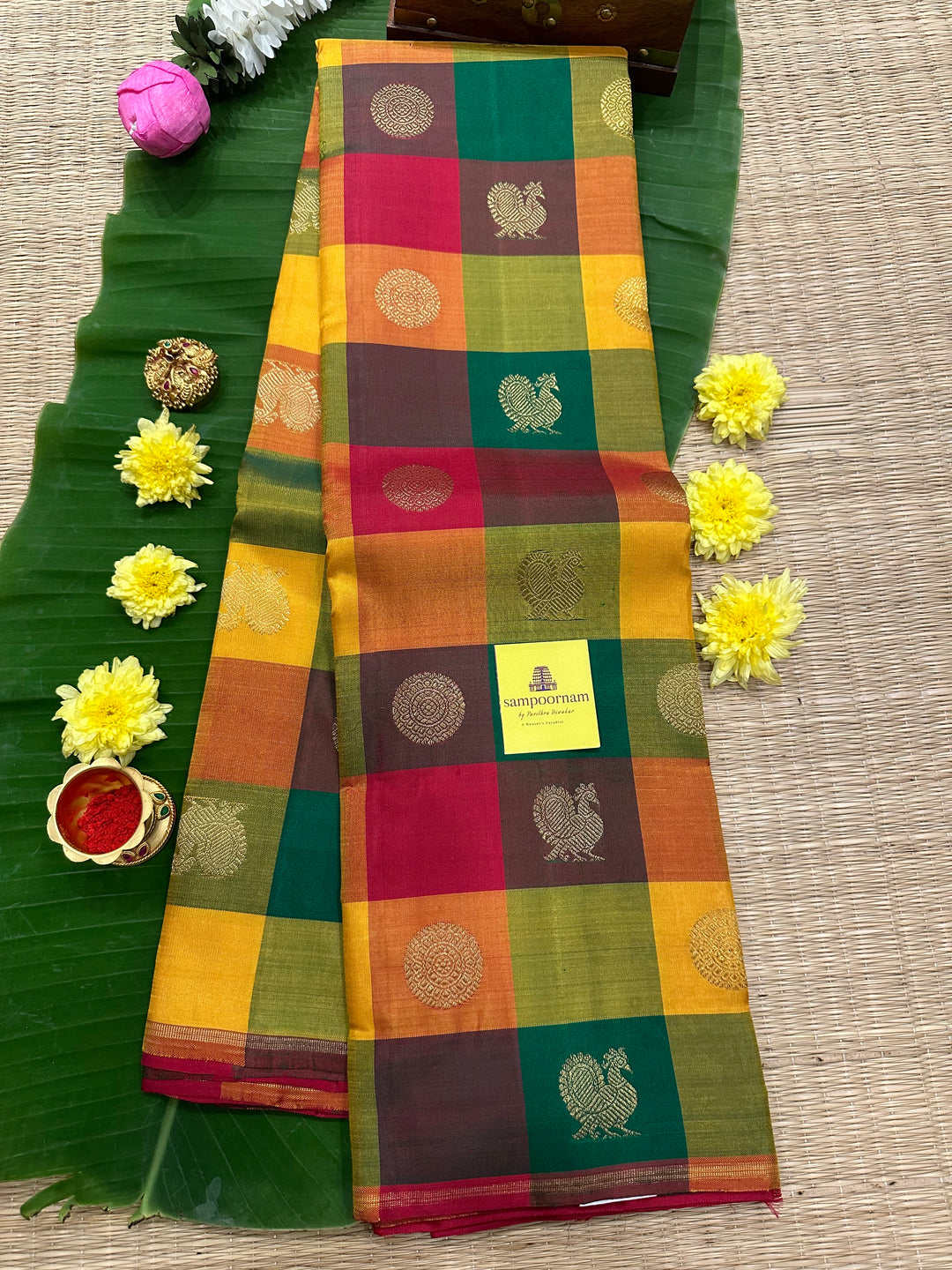 Pallum Pazham Kattam with Mayil and Chakram Butta with a Rich Red Pallu, Pure Zari Pure Silk Kanjivaram Silk Saree