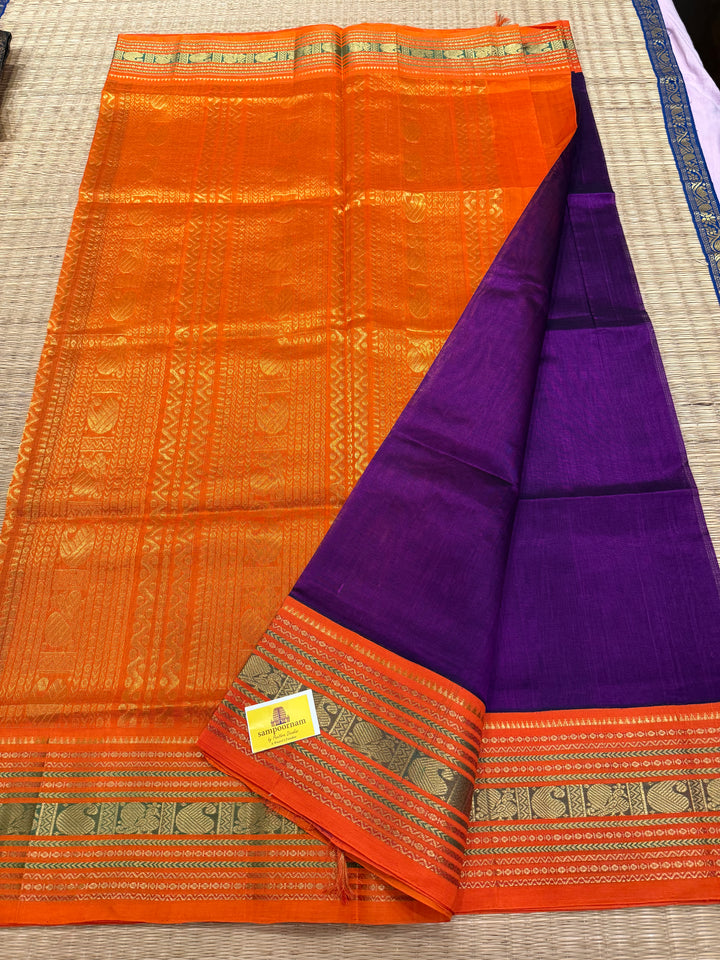 Purple with Orange ,Rich Big Traditional Kanchi Borders and Grand Pallu Korvai Silk Cotton Saree
