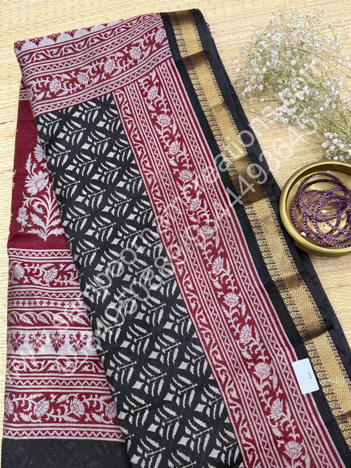 Black with Red , Floral Prints in the body , Printed Blouse and Tassels in the Pallu , Soft Cotton Saree