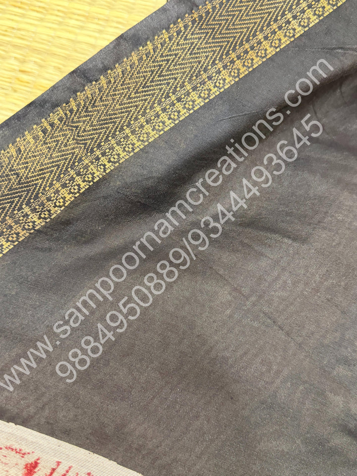 Black with Red , Floral Prints in the body , Printed Blouse and Tassels in the Pallu , Soft Cotton Saree