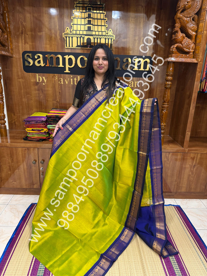 Parrot Green with Dark Blue  , Traditional borders and rich Pallu Korvai Silk Cotton Saree