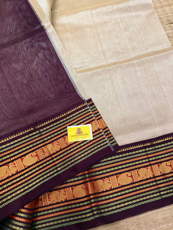 Beige with Dark Brown ,Rich Big Traditional Kanchi Borders and Grand Pallu Korvai Silk Cotton Saree