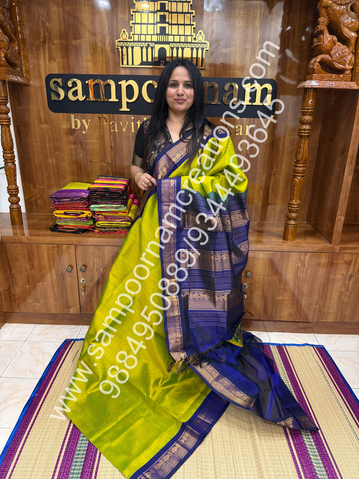 Parrot Green with Dark Blue  , Traditional borders and rich Pallu Korvai Silk Cotton Saree