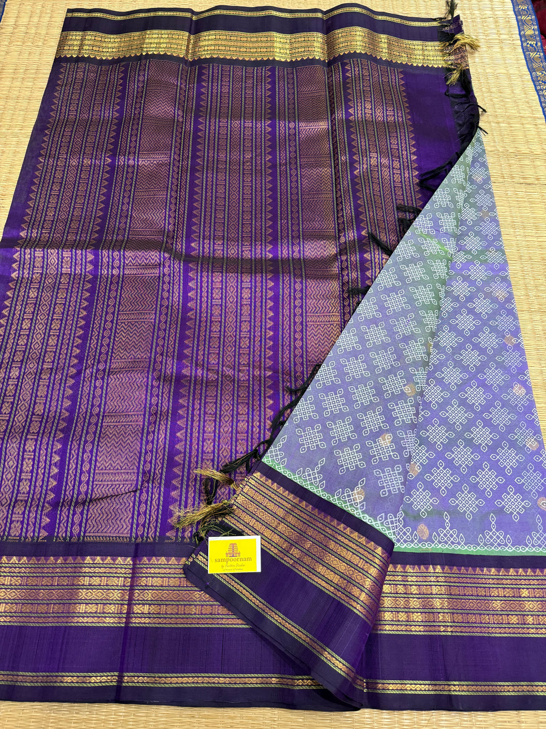 Lavender with Purple, Body Rich Butta, Rettapet Border and Traditional Rich Pallu Kolam Printed Korvai Silk Cotton Saree