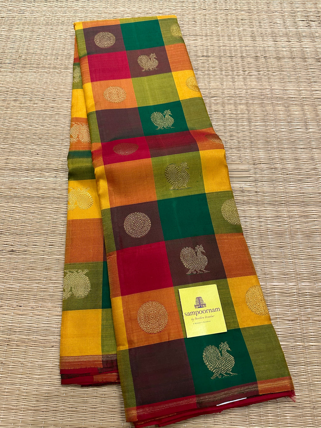 Pallum Pazham Kattam with Mayil and Chakram Butta with a Rich Red Pallu, Pure Zari Pure Silk Kanjivaram Silk Saree