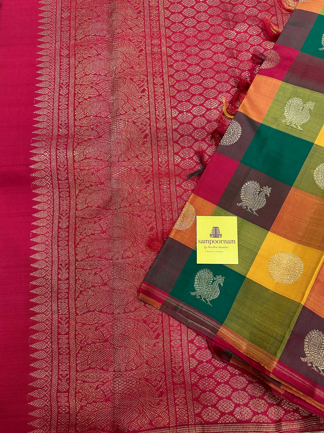 Pallum Pazham Kattam with Mayil and Chakram Butta with a Rich Red Pallu, Pure Zari Pure Silk Kanjivaram Silk Saree