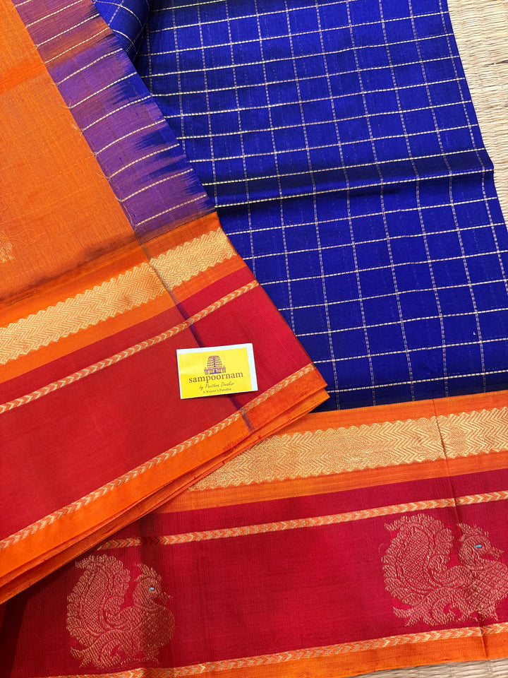 MS Blue with Orange and Red, Annam Motifs in the border and Zari Checks in the Body,  Rich Pallu Korvai Silk Cotton Saree