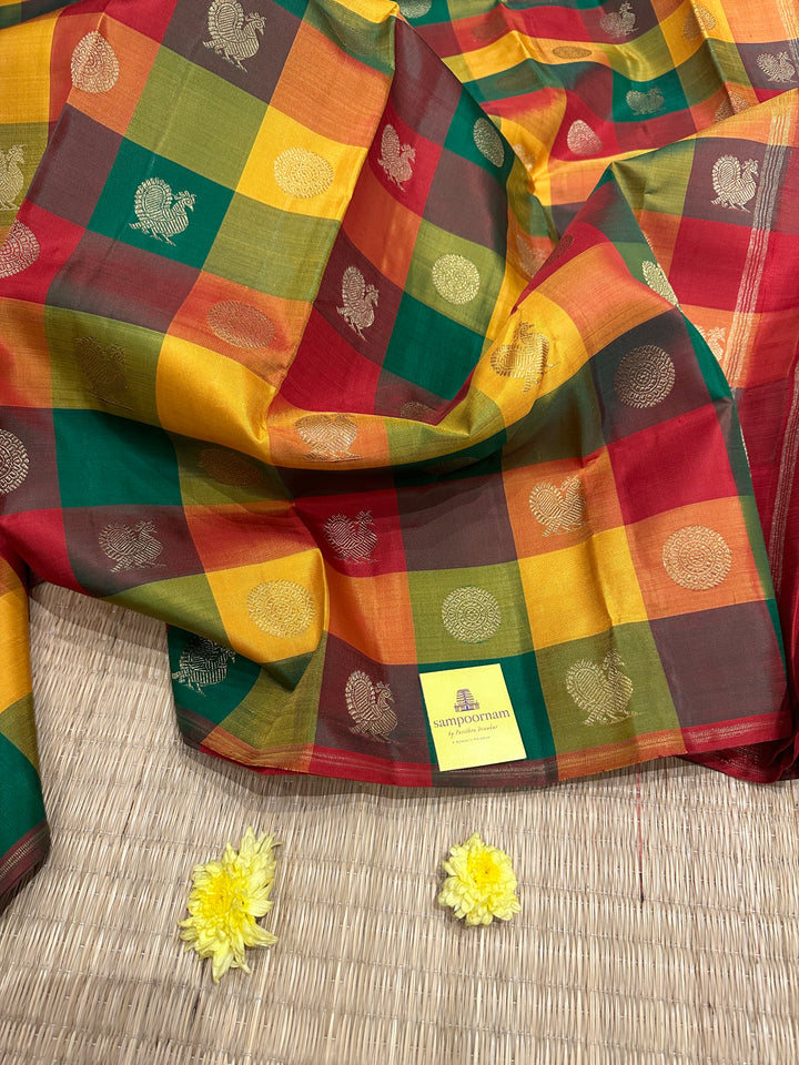 Pallum Pazham Kattam with Mayil and Chakram Butta with a Rich Red Pallu, Pure Zari Pure Silk Kanjivaram Silk Saree