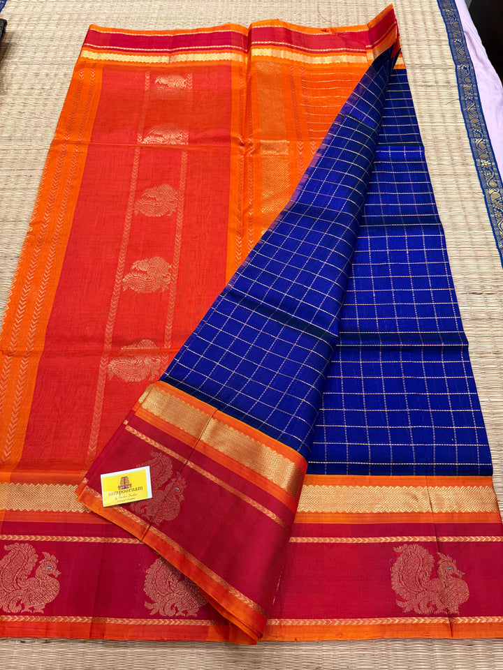 MS Blue with Orange and Red, Annam Motifs in the border and Zari Checks in the Body,  Rich Pallu Korvai Silk Cotton Saree