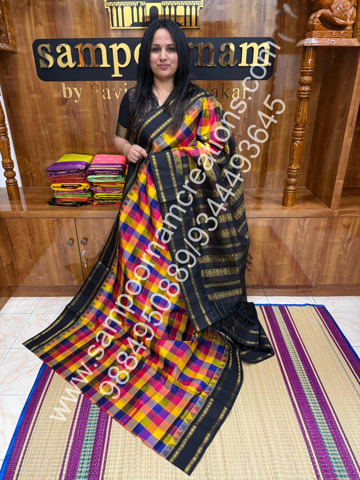 Manjal , Blue , Pink  with Black  , Pallum Pazham Kattam , rettapet  borders and rich Pallu Korvai Silk Cotton Saree