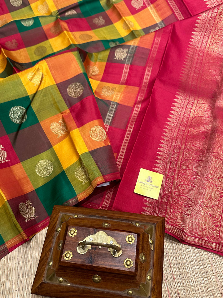 Pallum Pazham Kattam with Mayil and Chakram Butta with a Rich Red Pallu, Pure Zari Pure Silk Kanjivaram Silk Saree