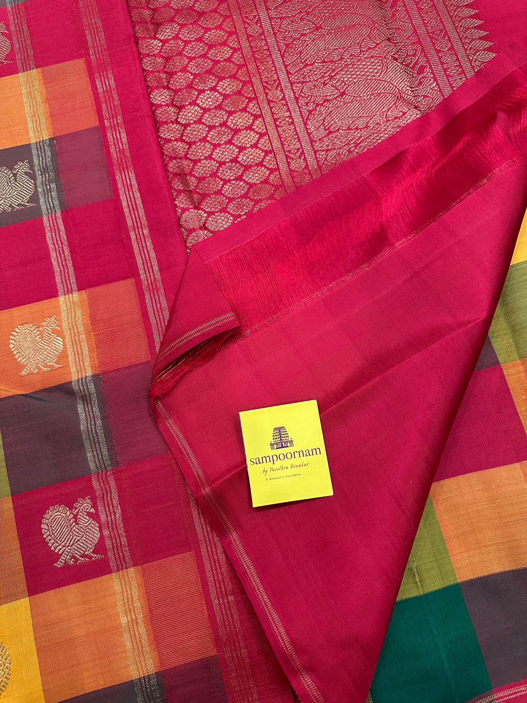 Pallum Pazham Kattam with Mayil and Chakram Butta with a Rich Red Pallu, Pure Zari Pure Silk Kanjivaram Silk Saree