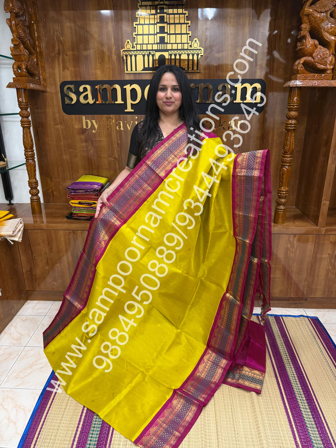 Gold Yellow with Magenta , rich Zari butta in the body and Lakshadeepam border , Grand Pallu Korvai Silk Cotton Saree