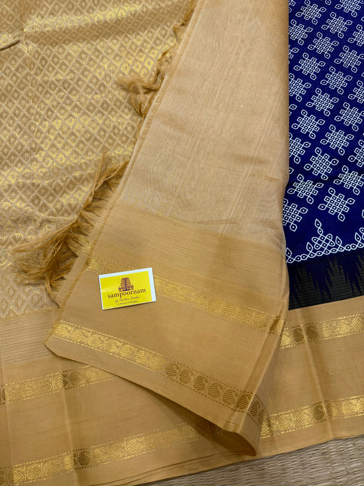 Dark Blue with Biscuit , Kolam Prints all over the Body, Traditional Temple Border and Rich pallu Korvai Silk Cotton Saree