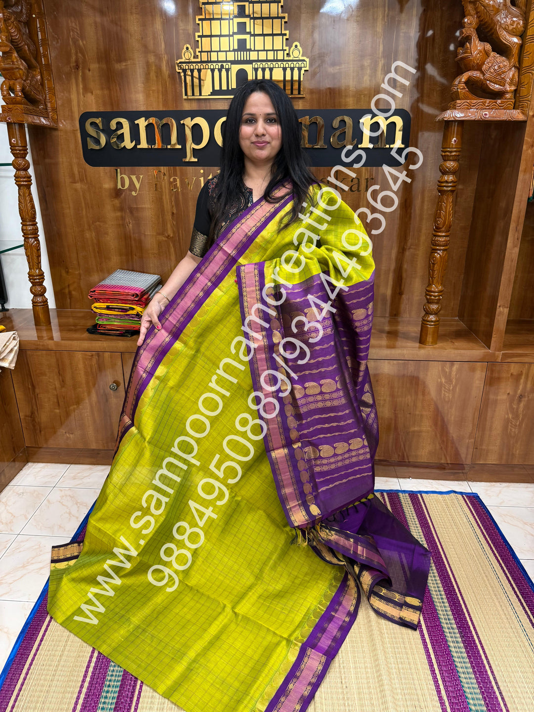 Olive Green with Purple  , rettapet border with Mango design  and rich Pallu Korvai Silk Cotton Saree