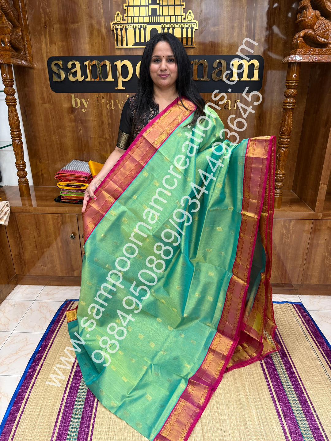 Double Shaded sea green with Pink, Annam and Mango  Zari butta in the body , traditional Silk  border and rich Pallu Korvai Silk Cotton Saree
