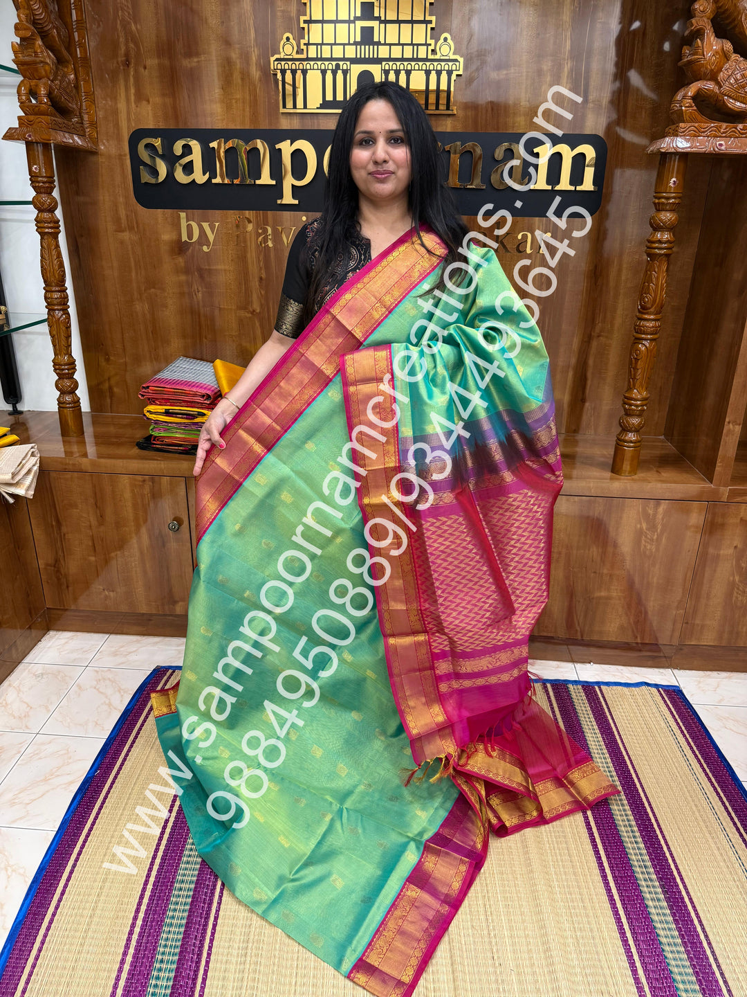 Double Shaded sea green with Pink, Annam and Mango  Zari butta in the body , traditional Silk  border and rich Pallu Korvai Silk Cotton Saree