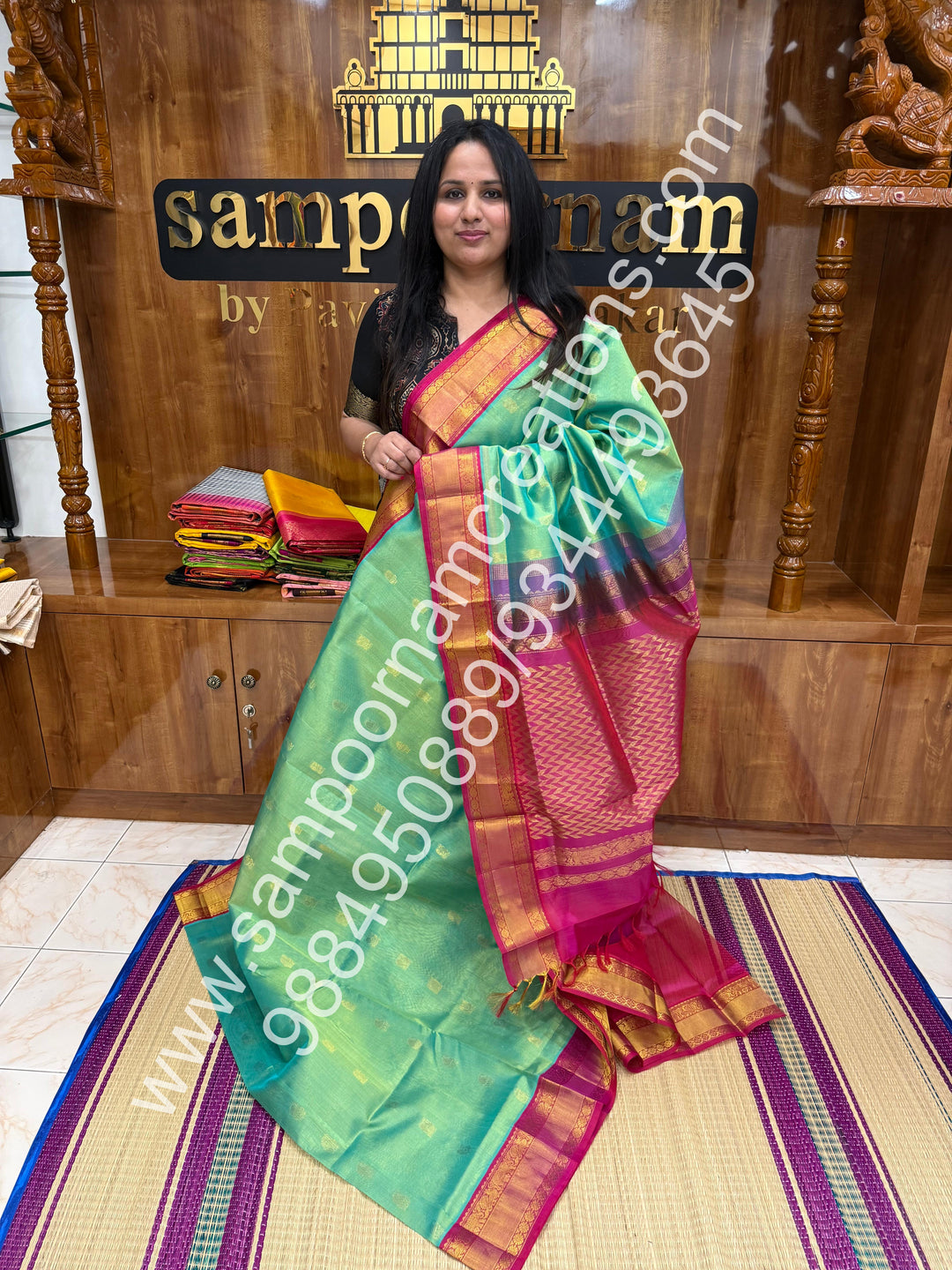 Double Shaded sea green with Pink, Annam and Mango  Zari butta in the body , traditional Silk  border and rich Pallu Korvai Silk Cotton Saree