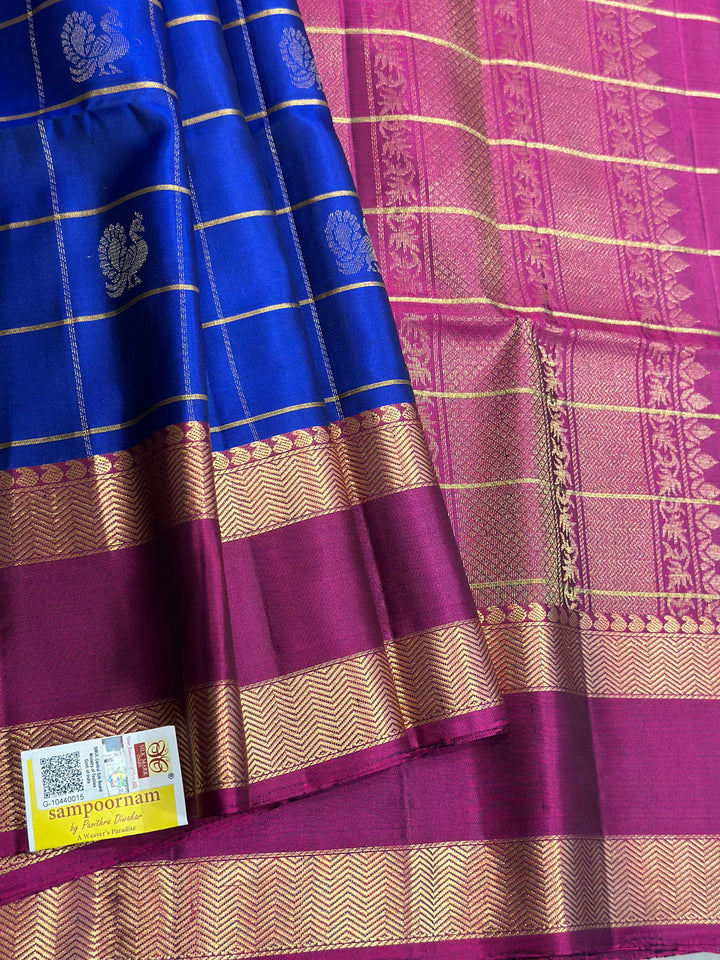 Blue with Magenta Mayil Chakram Zari Checks Pure Soft Silk Saree